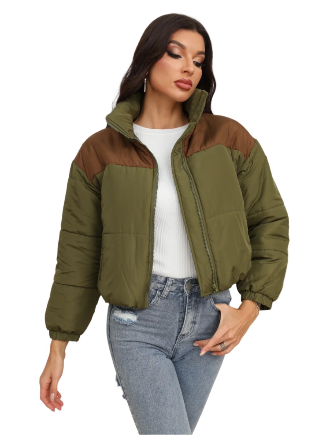 Two-Tone Zip-Up Puffer Jacket | Stylish & Warm in Army Green