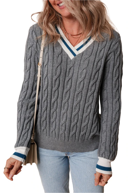 V-Neck Cable-Knit Long Sleeve Sweater | Cozy & Stylish