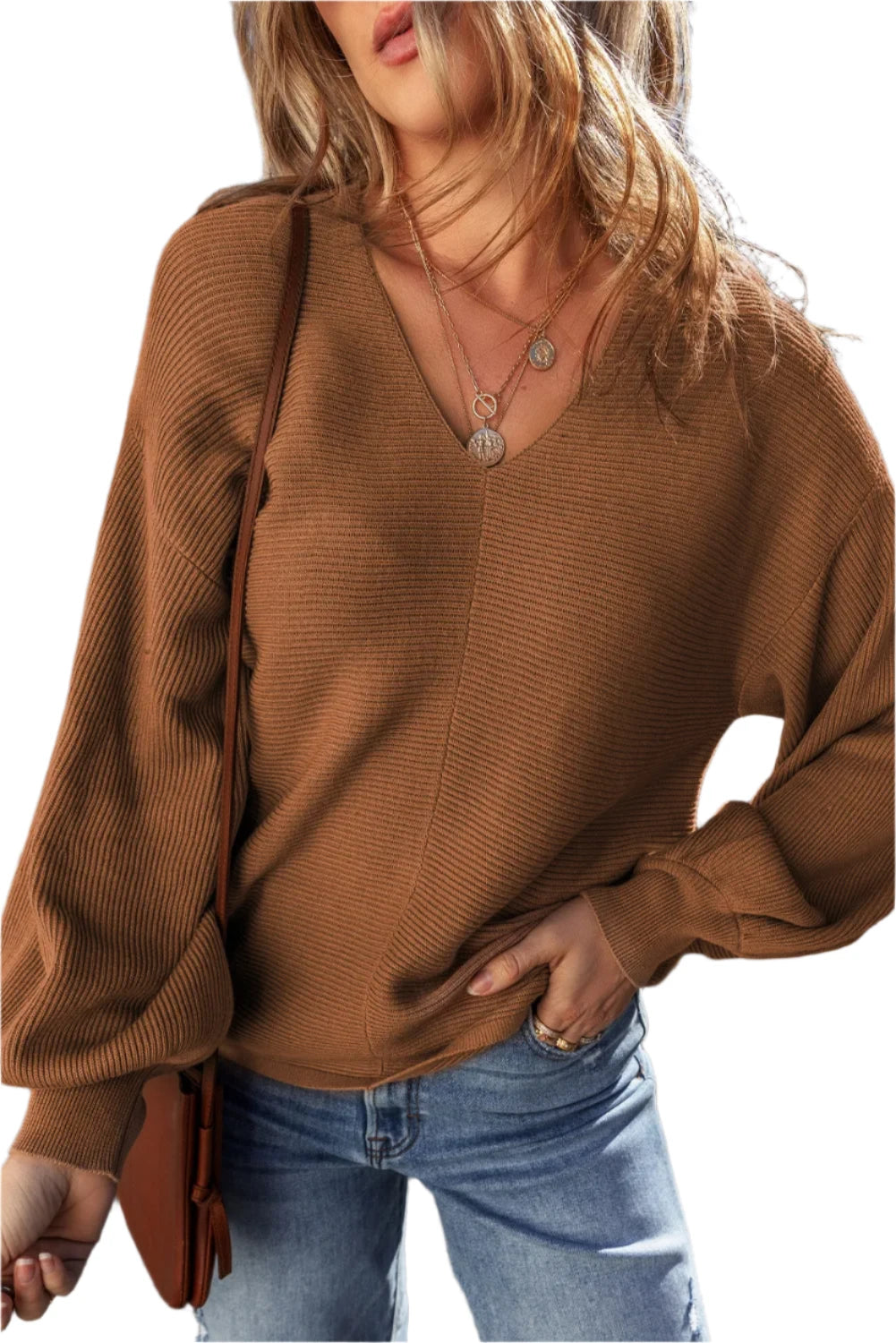 V-Neck Dropped Shoulder Long Sleeve Sweater | Casual & Comfortable