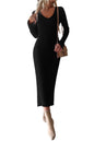 V-Neck Long Sleeve Highly Stretchy Ribbed Sweater Dress in Black