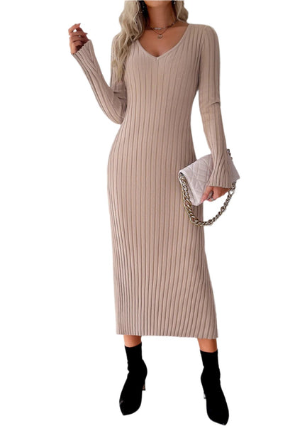 V-Neck Long Sleeve Highly Stretchy Ribbed Sweater Dress in Dust Strom