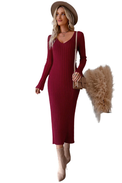 V-Neck Long Sleeve Highly Stretchy Ribbed Sweater Dress in Wine
