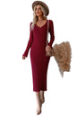 V-Neck Long Sleeve Highly Stretchy Ribbed Sweater Dress in Wine