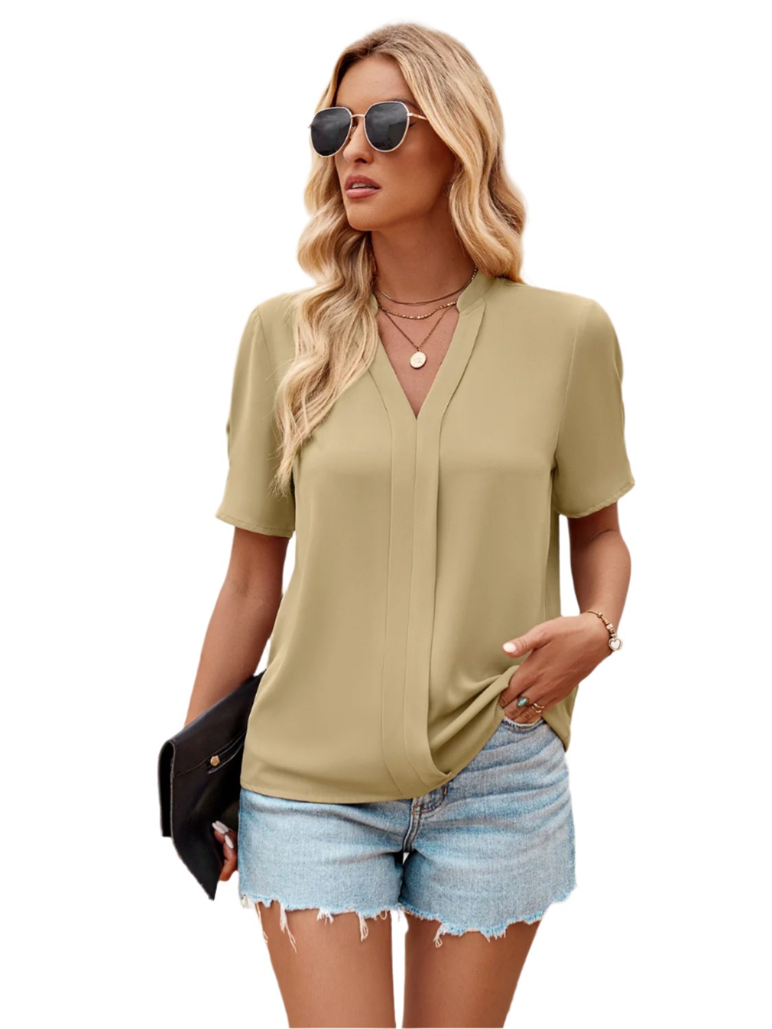 V-Neck Short Sleeve Blouse | Classic & Versatile in Tan