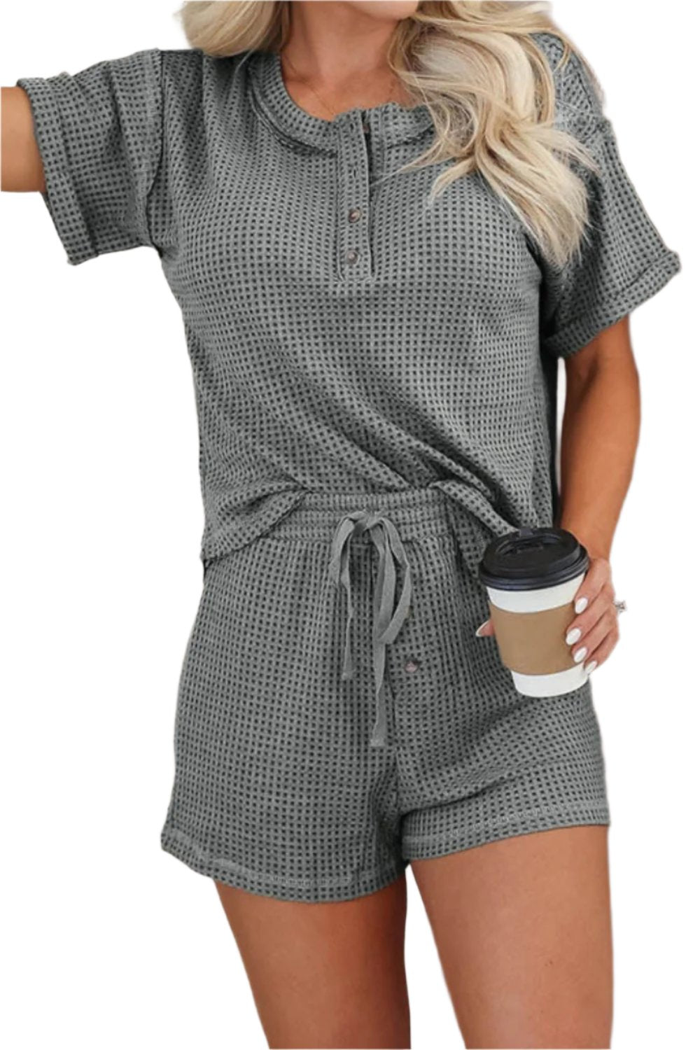 Waffle-Knit Short Sleeve Top and Shorts Lounge Set | Drawstring in Gray
