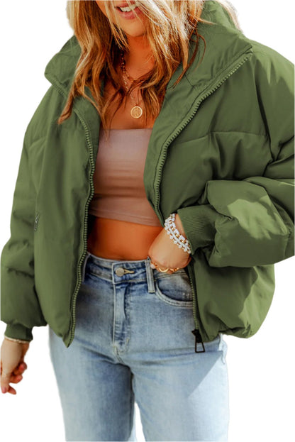Zip Up Collared Neck Coat with Pockets | Warm & Stylish in Moss