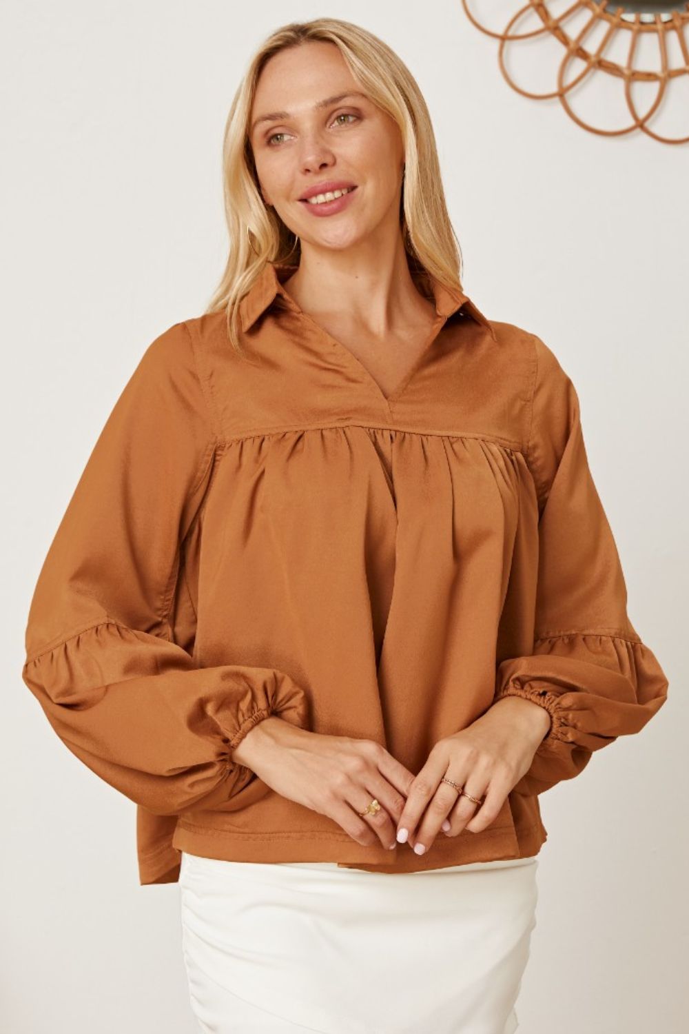 Balloon Sleeve Collared Neck Blouse in Khaki | Elegant & Versatile