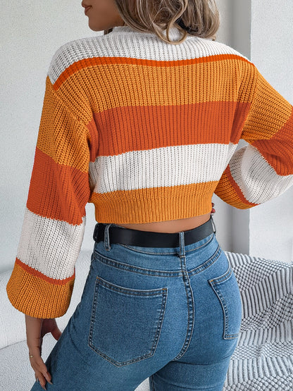 Color Block Round Neck Cropped Sweater | Trendy & Cozy