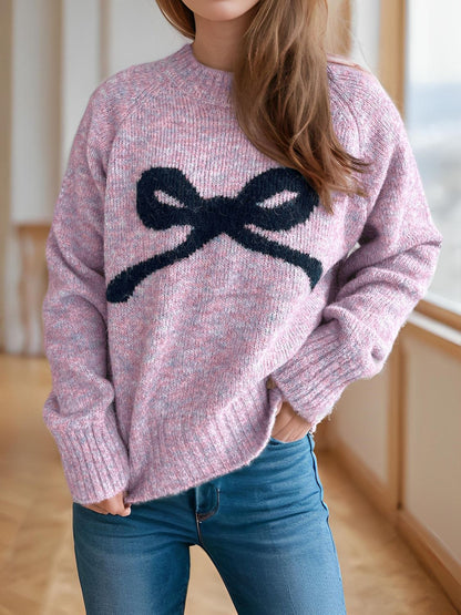 Long Sleeve Sweater with Centered Round Bow | Stylish & Cozy