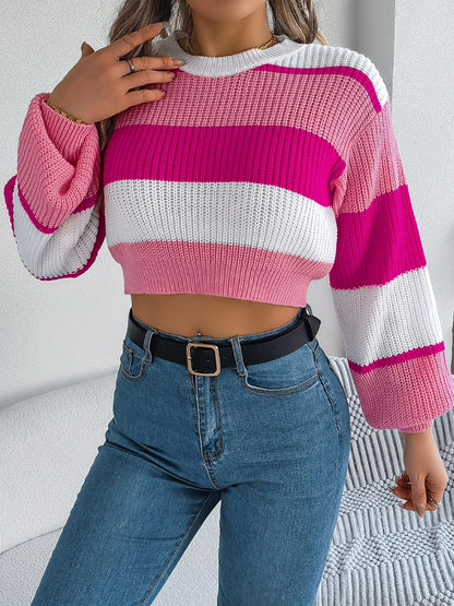 Color Block Round Neck Cropped Sweater | Trendy & Cozy