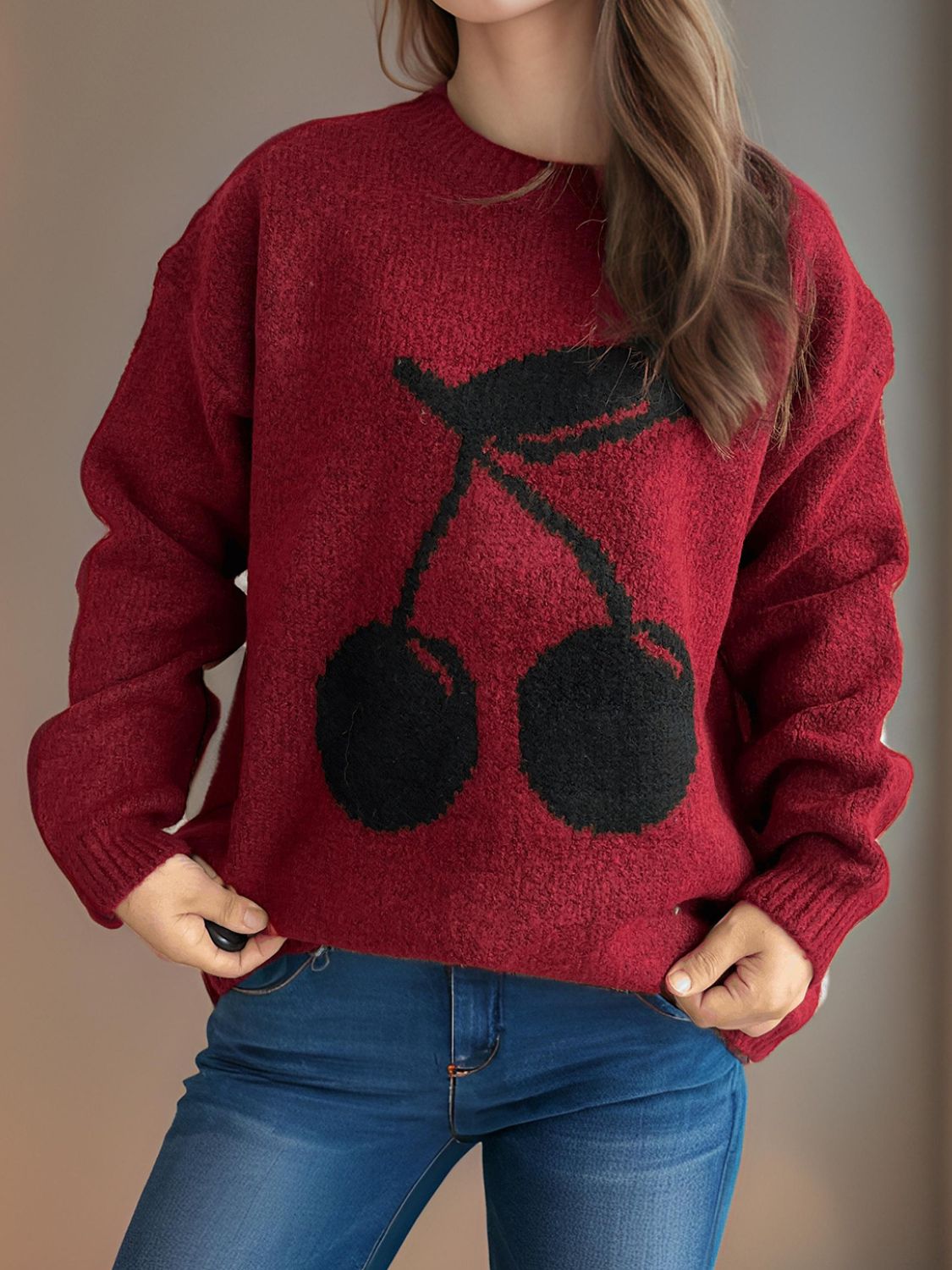 Cherry Round Neck Long Sleeve Sweater | Cozy & Cute