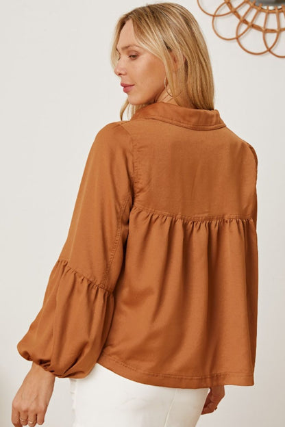 Balloon Sleeve Collared Neck Blouse in Khaki | Elegant & Versatile