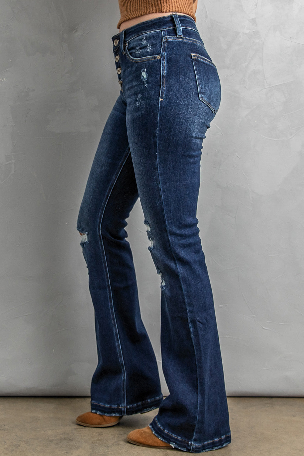 Button Fly Distressed Bootcut Jeans | Casual & Trendy