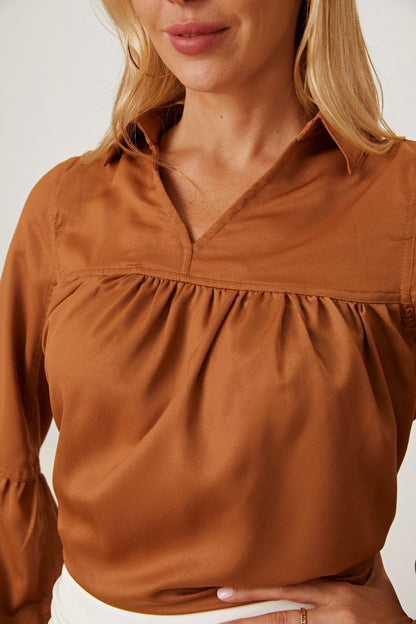 Balloon Sleeve Collared Neck Blouse in Khaki | Elegant & Versatile